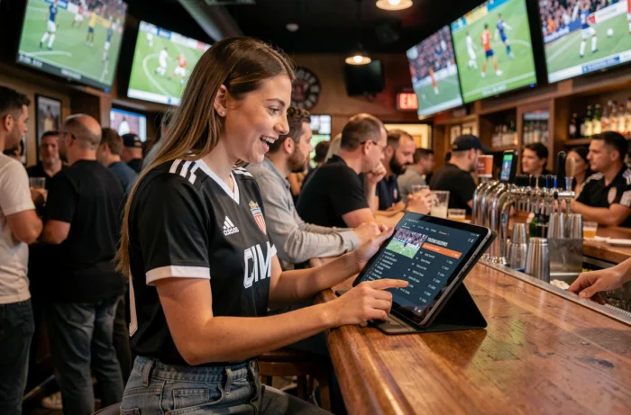 Vrouw die de sporttrends in real-time volgt op een tablet in een drukke sportbar