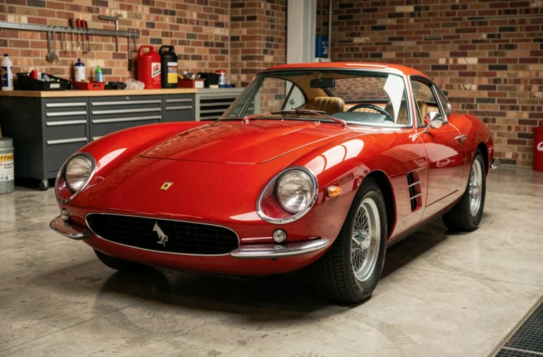 Ferrari 250 GT des années 1960 rouge garée dans un garage privé de prestige avec sol en béton poli et murs en briques apparentes