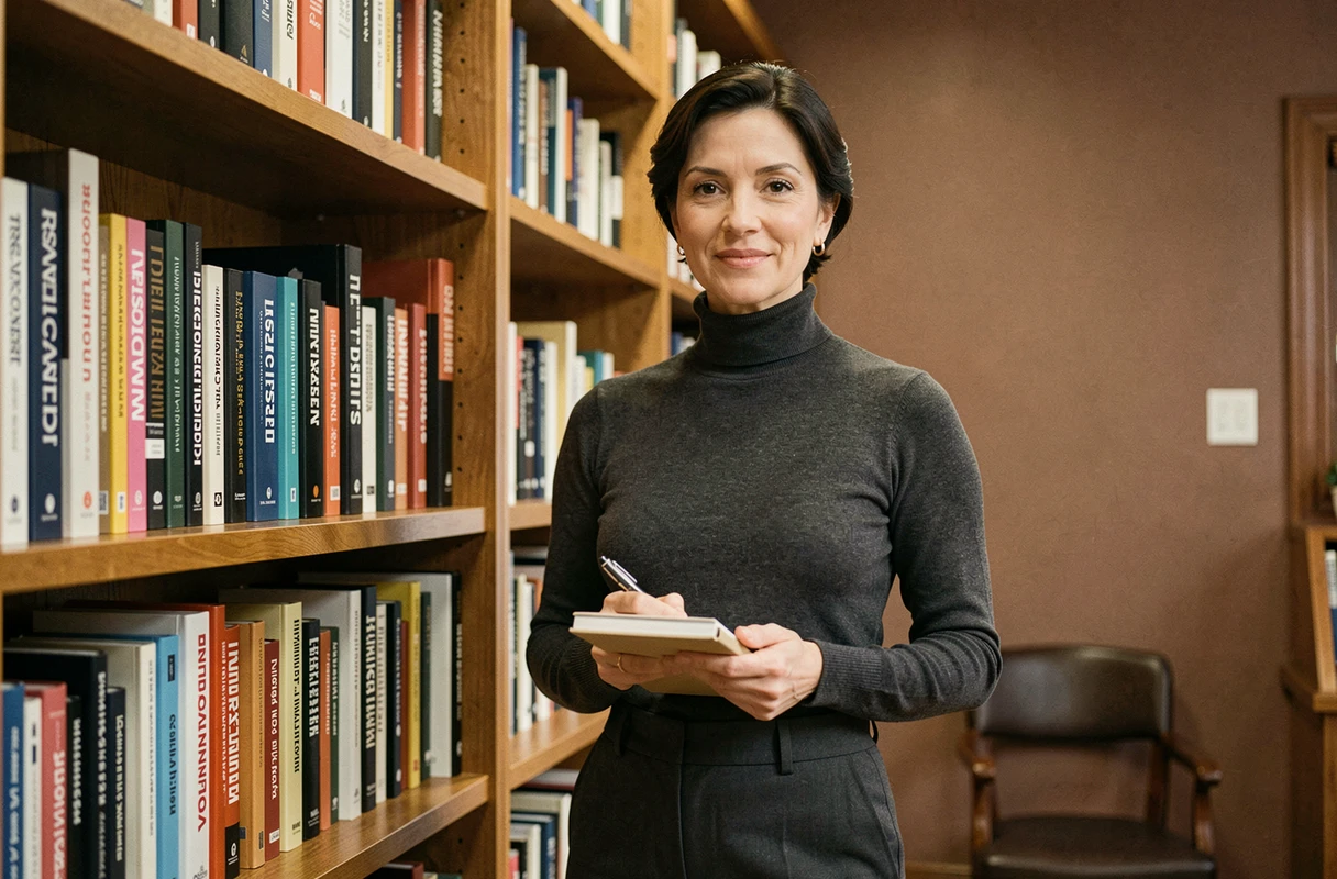 Florence Kieffer debout devant une bibliothèque éditoriale, femme journaliste et personnalité médiatique française