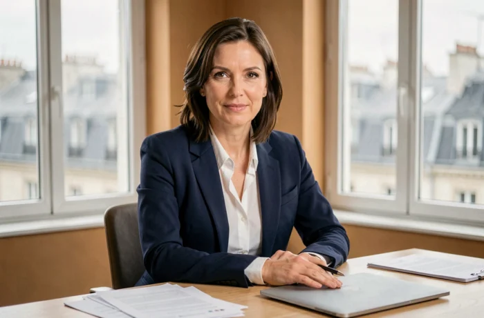 Florence Kieffer, portrait professionnel d'une femme journaliste dans un bureau moderne parisien