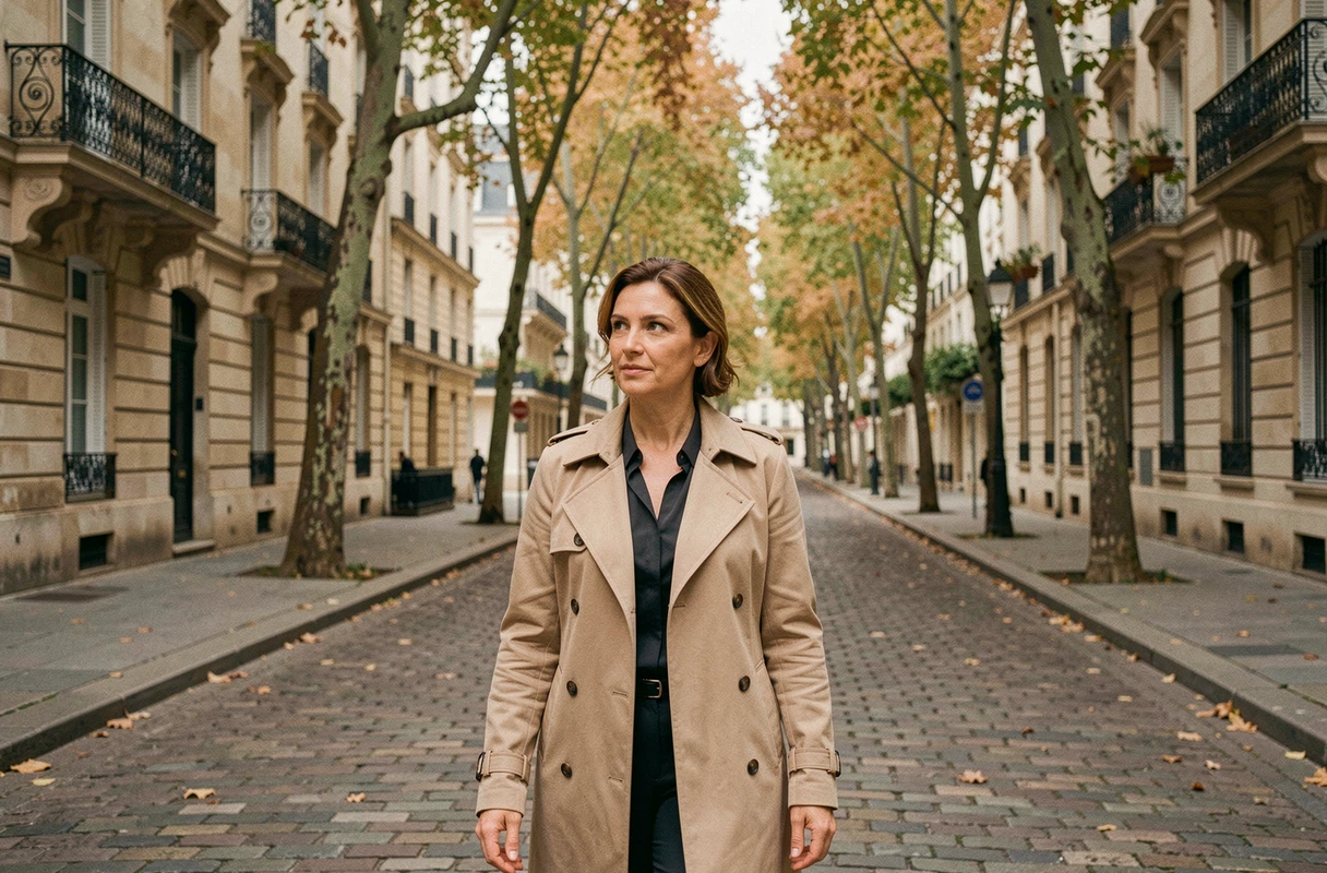 Florence Kieffer marchant dans une rue parisienne en automne, portrait éditorial en extérieur