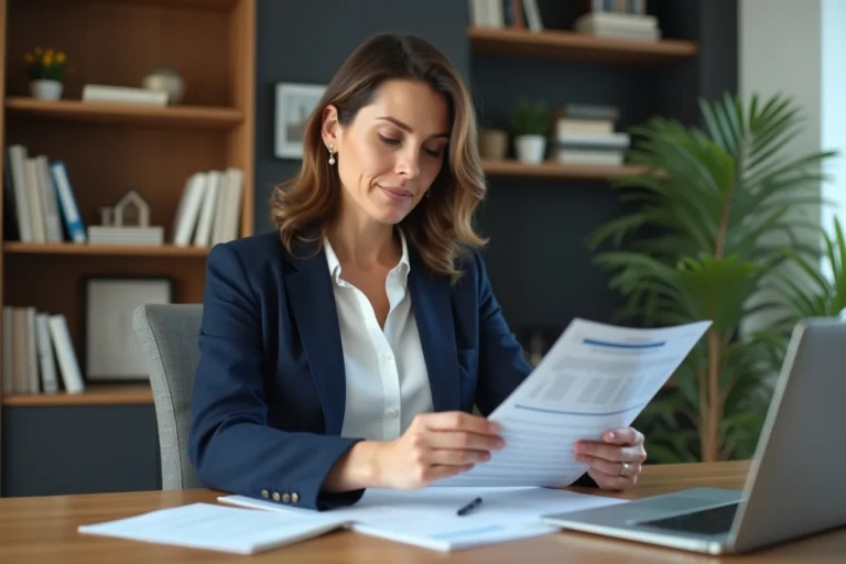 Fonctionnaire femme analysant une simulation de prêt Casden avec des documents imprimés sur un bureau en bois