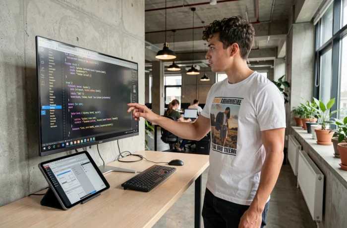 Een jonge man staat voor een codeer scherm in een moderne coworking ruimte tijdens een webopleiding