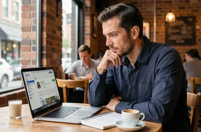 Homme suivant une formation en ligne sur l'e-commerce dans un café urbain avec un carnet de notes et un ordinateur portable