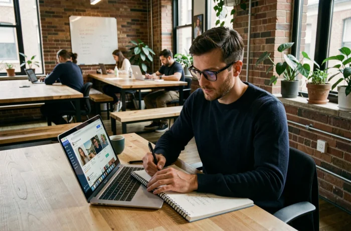 Homme prenant des notes lors d'une formation Instagram gratuite dans un espace de coworking moderne