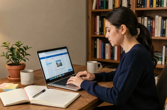 Une femme en train de suivre une formation aux métiers du web sur son ordinateur portable dans un bureau à domicile