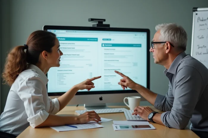 Deux collègues en formation suivant un tutoriel de première connexion au logiciel Berger Levrault
