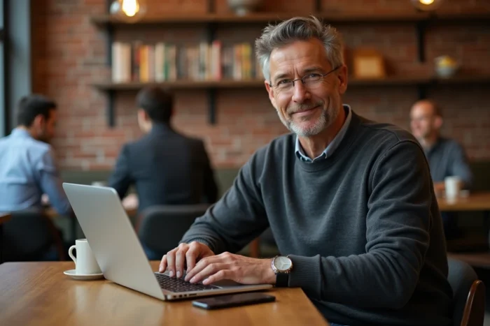 Homme freelance travaillant sur son business en ligne depuis un café branché avec un laptop et un smartphone sur une table en bois