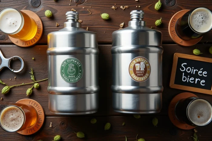 Vue aérienne de fûts panachés et verres de bière variés pour une soirée entre amis avec machine à bière