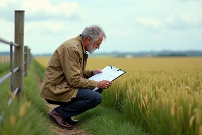 Géomètre en terrain agricole consultant un tableau de conversion de surfaces en hectares et mètres carrés
