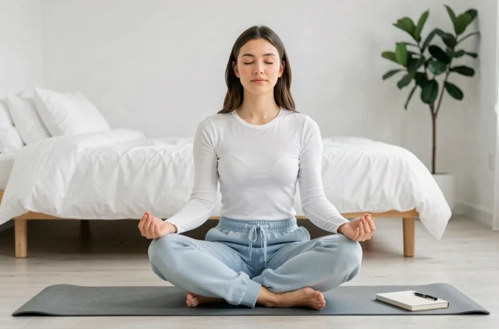 Jeune femme pratiquant la pleine conscience sur un tapis de yoga dans une chambre épurée, représentant une solution pratique de gestion des crises TDAH par la relaxation