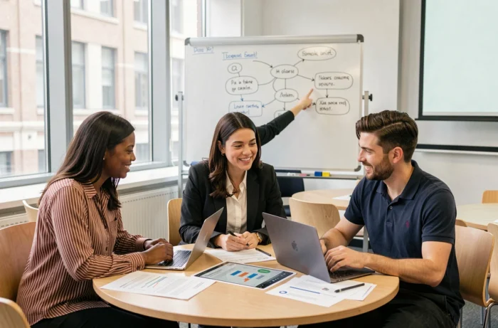 Een groep professionals in opleiding voor digitale beroepen die samenwerken rond een tafel in een klaslokaal