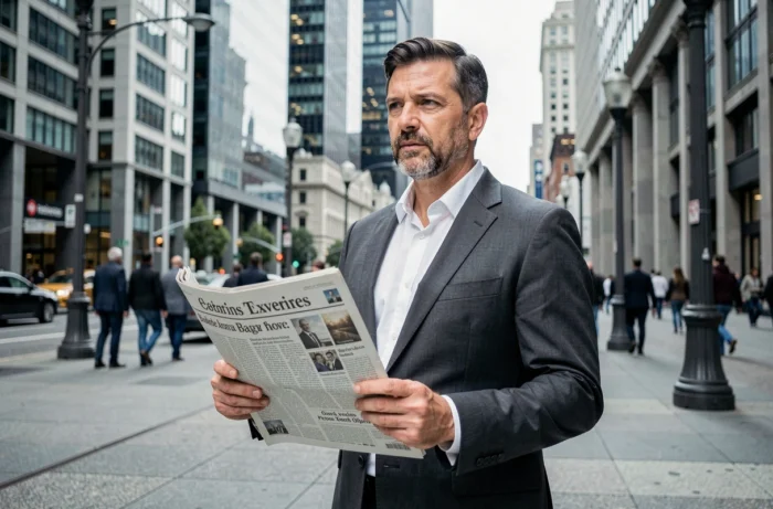 Homme d'affaires lisant un journal économique en plein air dans un quartier financier urbain