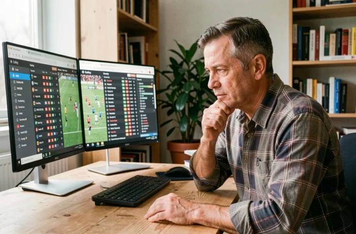 Man die de resultaten en sporttrends in real-time analyseert op een dubbele monitor op zijn bureau