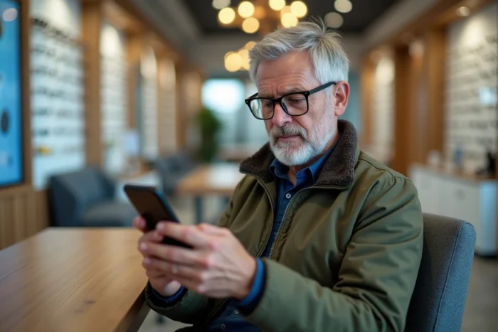 Homme consultant son application de mutuelle santé chez l'opticien pour le tiers payant