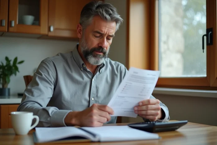 Homme gérant son budget personnel avec des relevés bancaires et une calculatrice à la table de cuisine