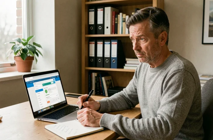 Homme consultant son espace bancaire en ligne depuis son bureau à domicile pour comprendre les délais de virement