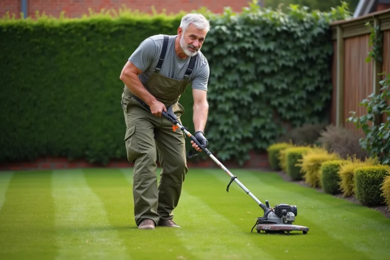 Homme utilisant un coupe-bordure thermique pour entretenir les bordures d'une pelouse bien soignée dans un jardin suburban
