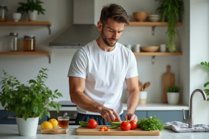 Homme préparant un repas sain dans une cuisine moderne dans le cadre d'un plan de réduction quotidienne
