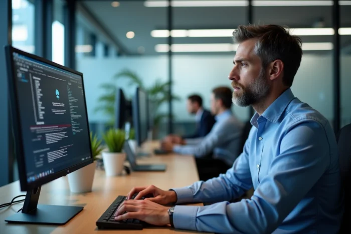 Homme en entreprise résolvant un problème de connexion réseau sur un poste de travail avec double écran affichant une interface de dépannage cloud