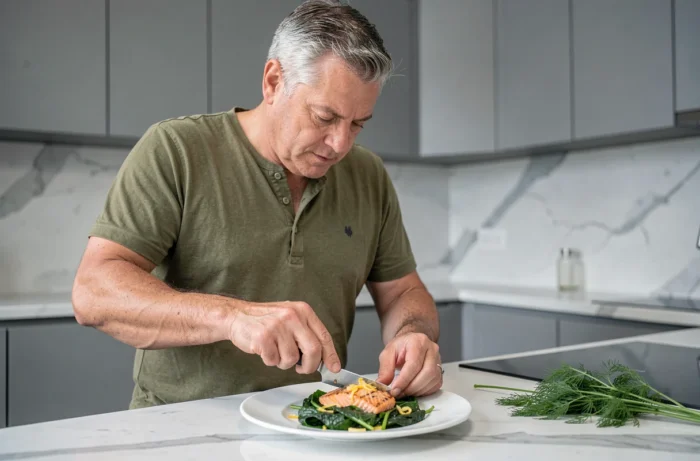 Homme dressant une assiette de saumon grillé sur épinards dans une cuisine moderne et minimaliste