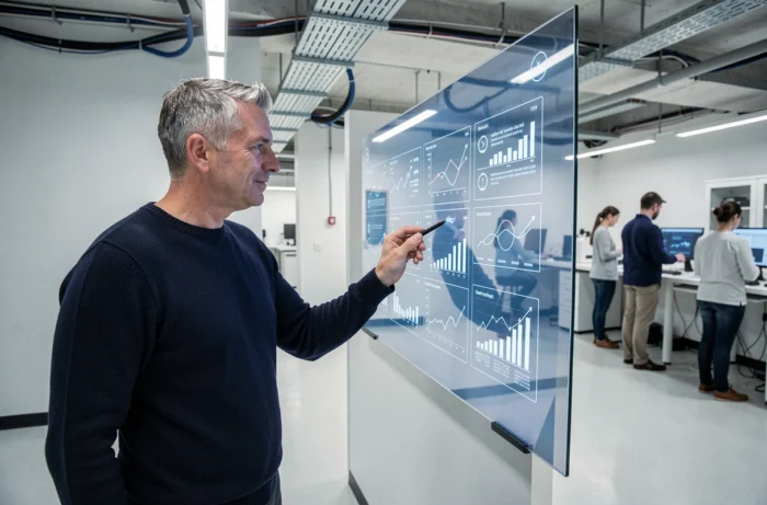Homme présentant des données sur un écran interactif transparent dans un laboratoire technologique