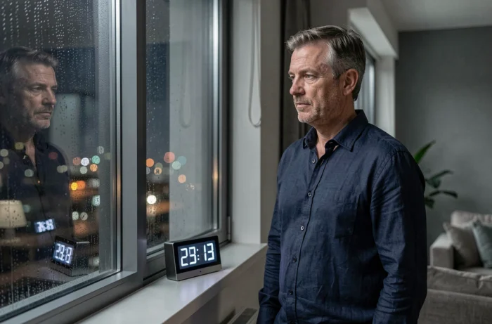 Homme contemplatif regardant une horloge numérique affichant 23h13 près d'une fenêtre urbaine sous la pluie la nuit
