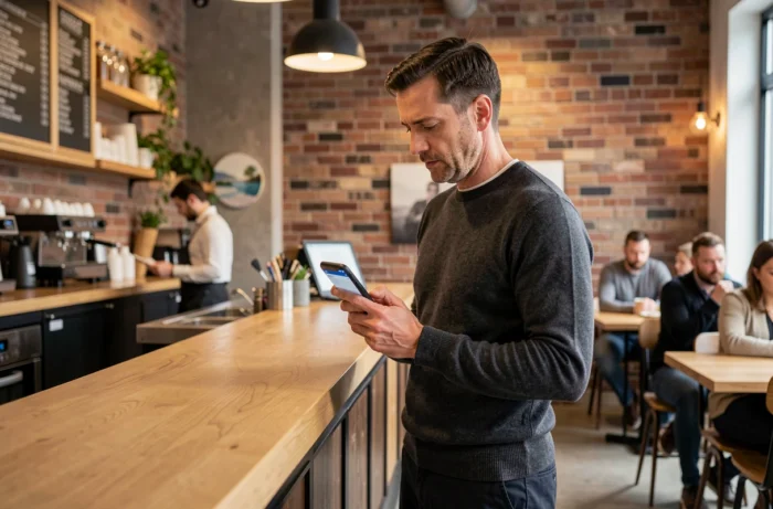 Homme consultant les nouvelles tendances et informations sur smartphone dans un café urbain moderne
