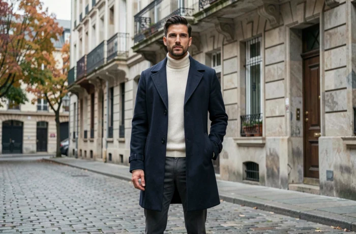 Homme tendance en trench-coat marine et col roulé crème dans une rue pavée européenne aux façades en pierre