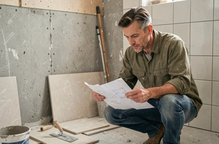 Homme examinant un plan de rénovation dans une salle de bain en cours de travaux, entouré de carrelage et d'outils de maçonnerie