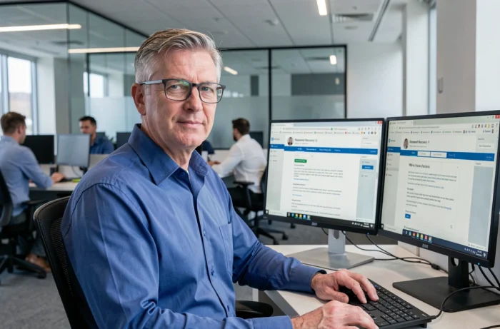 Homme en entreprise consultant un email de réinitialisation de mot de passe sur ses écrans de bureau