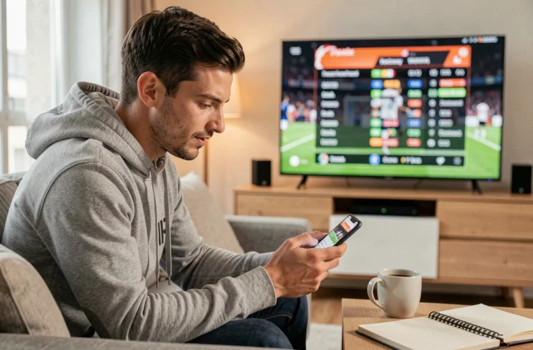 Homme consultant les résultats sportifs en temps réel sur son smartphone dans son salon