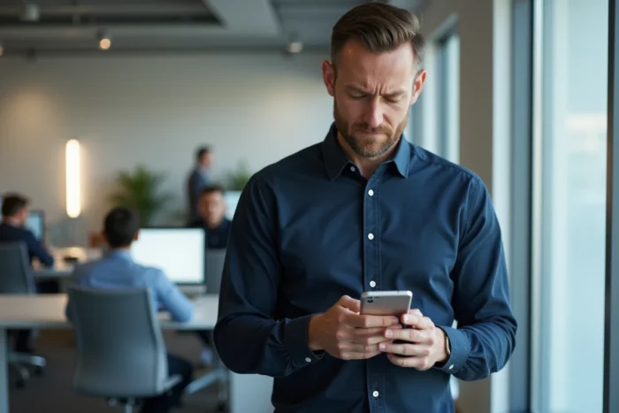 Homme utilisant son smartphone pour retrouver un code d'enquête perdu sur une plateforme en ligne
