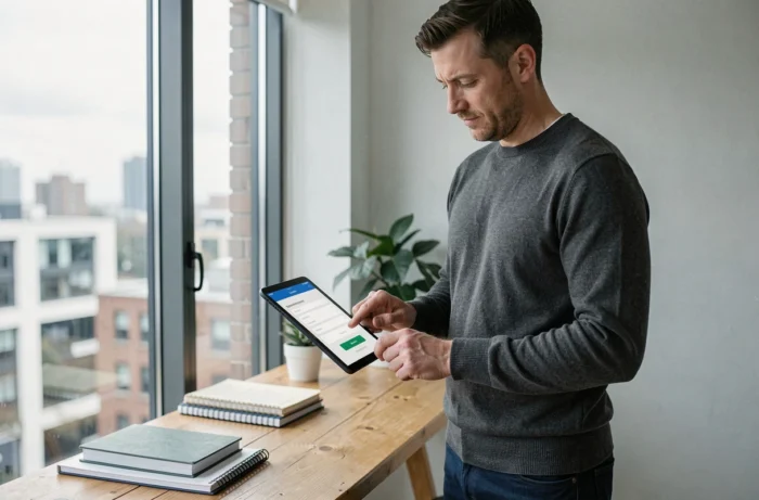 Man die vanuit zijn thuiskantoor zijn professionele afspraken online beheert op een tablet