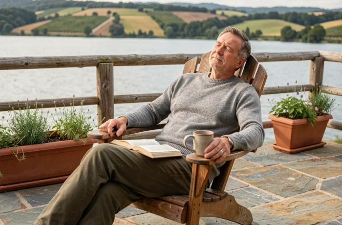 Ontspannen man zittend in een Adirondack-stoel op het terras van een chalet aan het meer met uitzicht op de wijnheuvels nabij Bordeaux