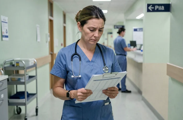 Infirmière en hôpital français consultant un planning de travail lors d'une longue garde de 12 heures