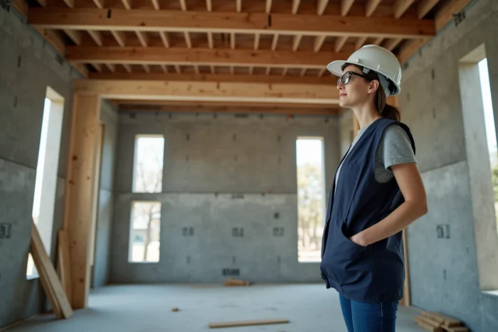 Ingénieure en structure inspectant une poutre en bois portant sur 6 mètres dans une maison en construction
