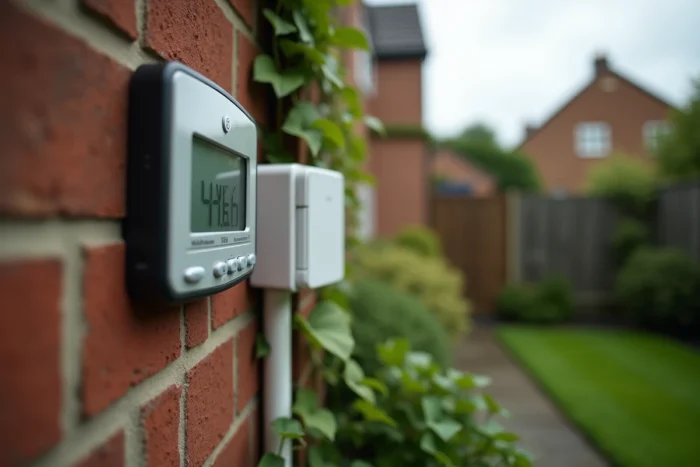 Station météo La Crosse Technology WD9541 installée sur un mur extérieur avec capteur sans fil dans un jardin résidentiel