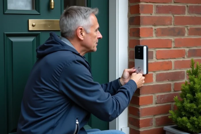 Homme installant une sonnette vidéo connectée sur la façade en briques d'une maison individuelle