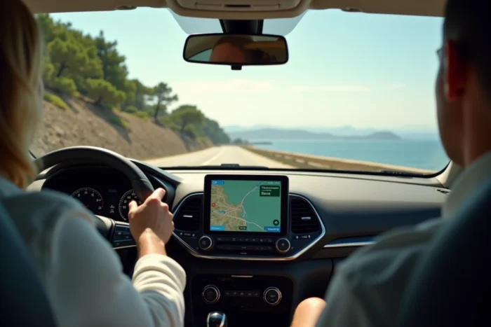 Intérieur de voiture avec GPS affichant l'itinéraire vers Cala d'Orzu au départ d'Ajaccio en Corse