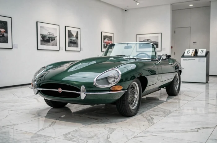 Jaguar E-Type cabriolet vert racing exposée sur un sol en marbre dans une salle de vente aux enchères de voitures de collection haut de gamme