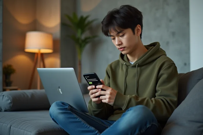 Jeune adulte assis sur un canapé consultant son smartphone affichant une erreur de connexion à une application cloud dans un appartement moderne