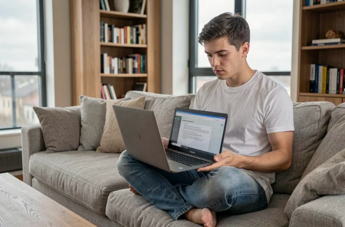 Jonge man die zijn Lenovo IdeaPad laptop reset terwijl hij de instructies op het scherm volgt in een moderne woonkamer