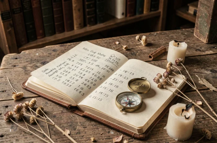 Journal de numérologie ouvert avec les chiffres 23h13 écrits à la main sur une table en bois avec des objets symboliques