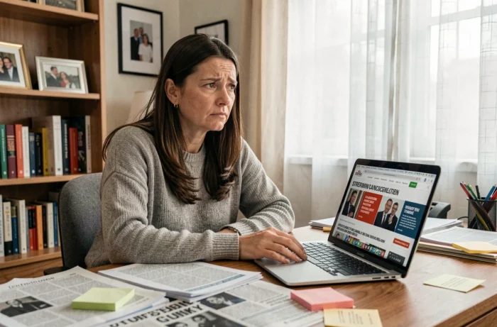 Journaliste féminine à son bureau consultant des articles sur l'annulation de la saison 2 de Messiah par Netflix