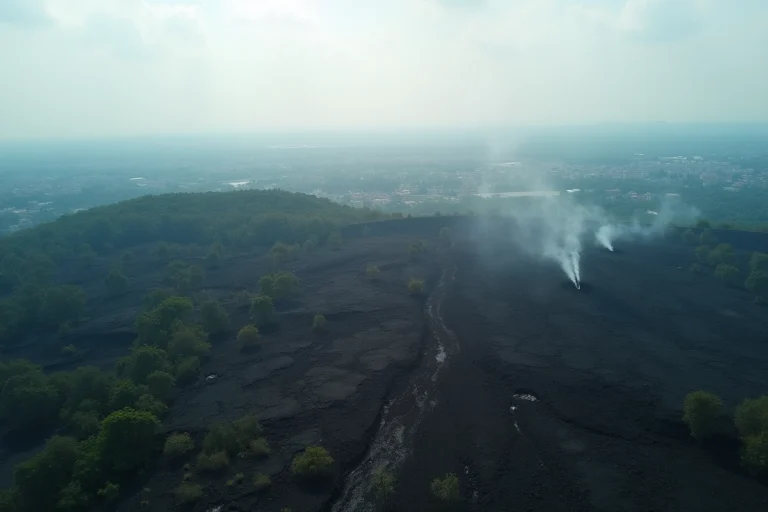 Vue aérienne des coulées de lave solidifiées du volcan Nyiragongo s'étendant vers la ville de Goma en République démocratique du Congo