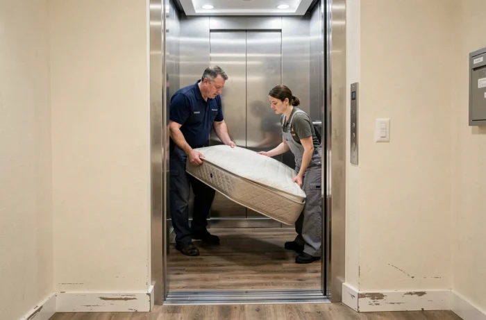 Deux livreurs professionnels manœuvrant un sommier beige dans un ascenseur résidentiel moderne à Nantes