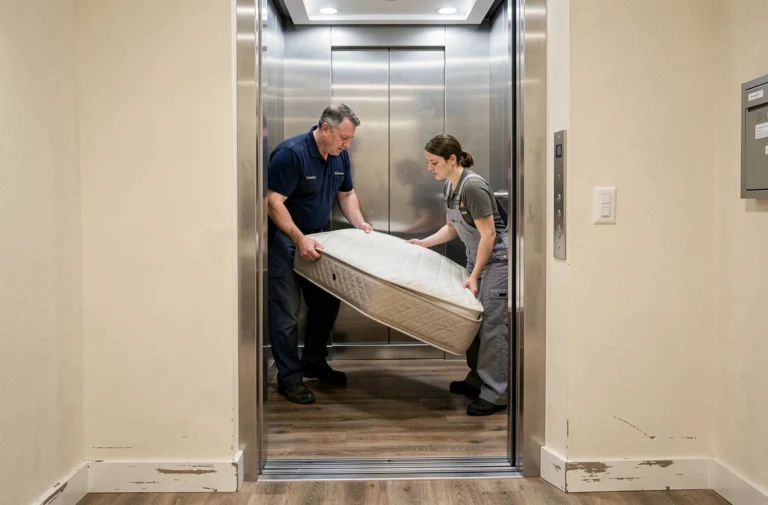 Deux livreurs professionnels manœuvrant un sommier beige dans un ascenseur résidentiel moderne à Nantes