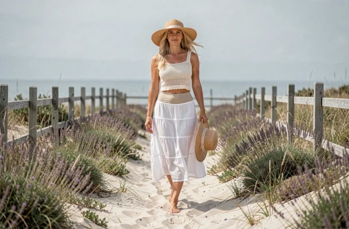 Femme en jupe longue bohème blanche et top crochet marchant pieds nus sur un sentier côtier sauvage