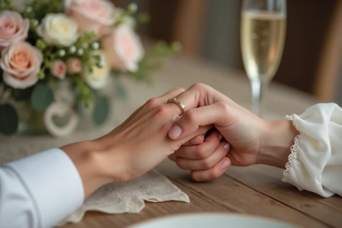 Gros plan sur deux mains entrelacées avec une alliance en or sur une table en bois rustique décorée pour un mariage